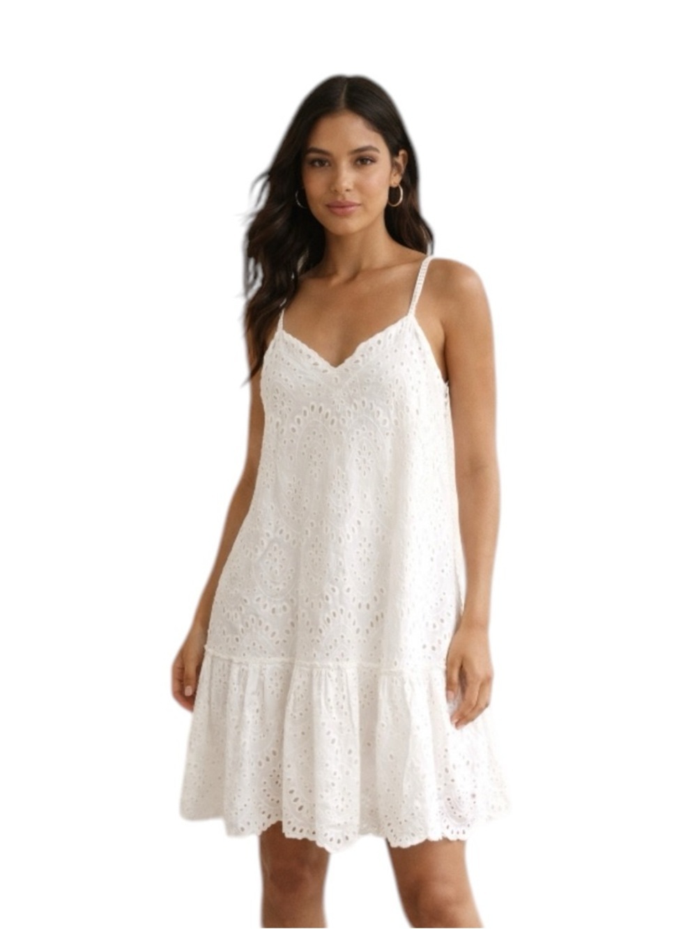 Zara White Eyelet Cotton Mini Dress Strappy Summer Size M Boho